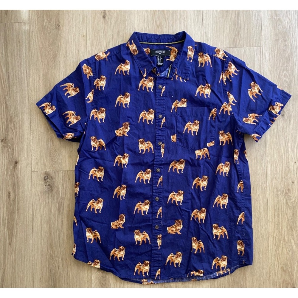 Forever 21 Mens XL Blue Pug Dog Novelty Button Up Shirt Short Sleeve Cotton